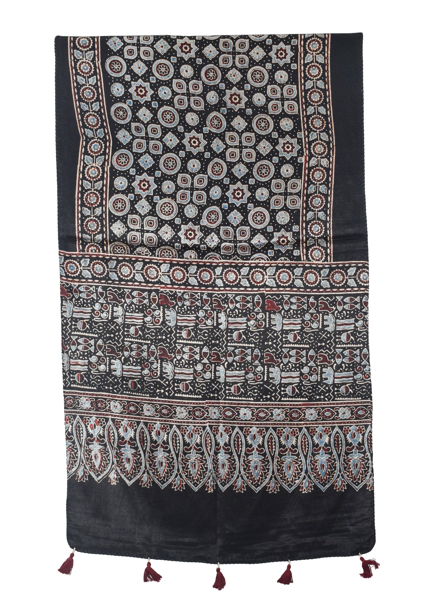 Ajrakh Mashru Silk Natural Dye Hand Block Print Stole With Tassels - 2 Mtr Length   -  SKU : AI07701M