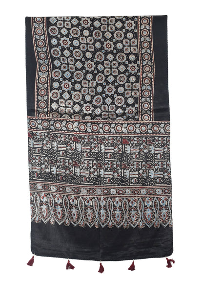 Ajrakh Mashru Silk Natural Dye Hand Block Print Stole With Tassels - 2 Mtr Length   -  SKU : AI07701M