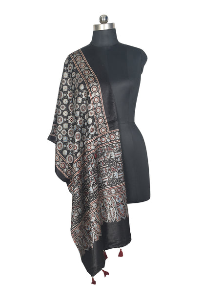 Ajrakh Mashru Silk Natural Dye Hand Block Print Stole With Tassels - 2 Mtr Length   -  SKU : AI07701M