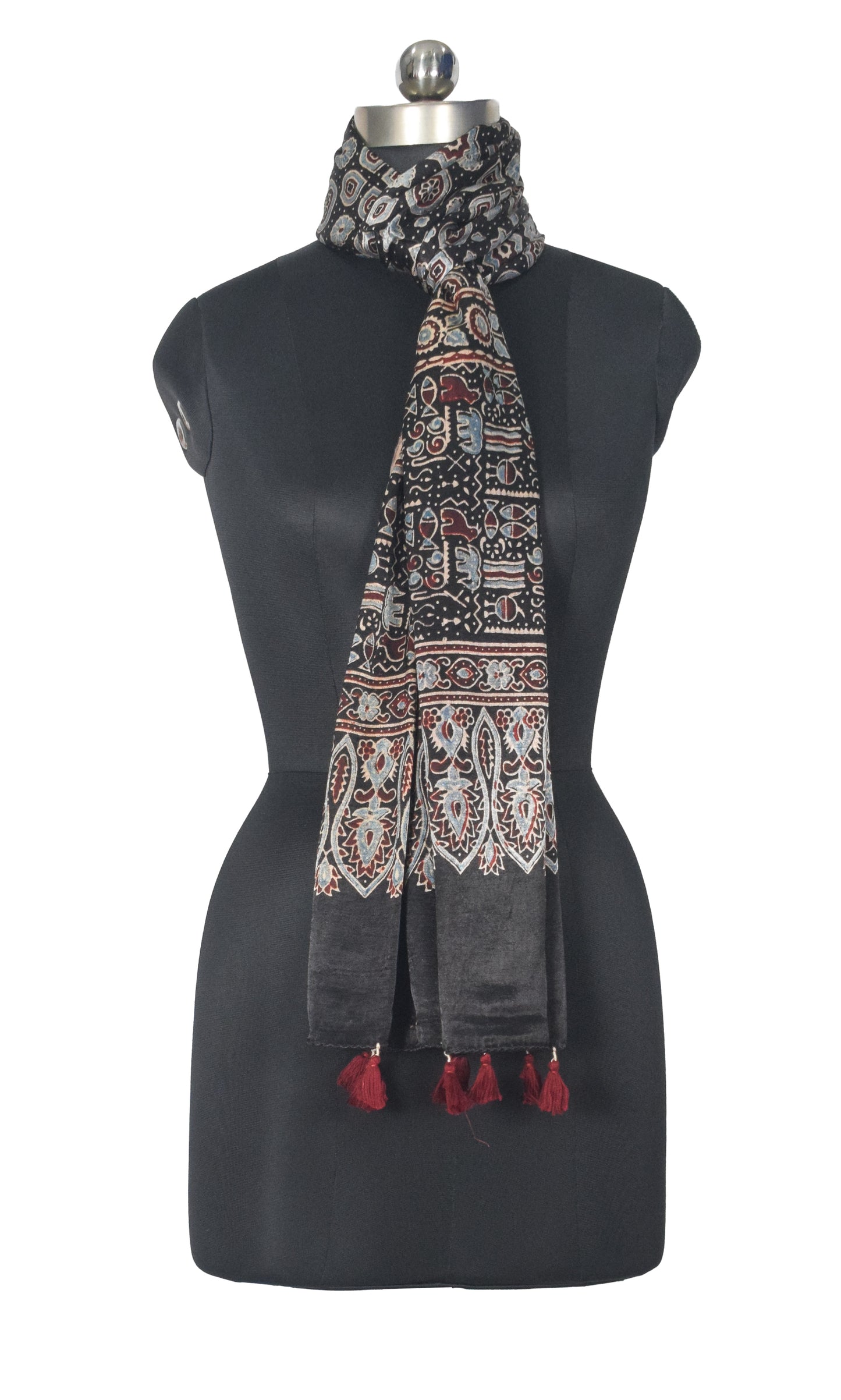Ajrakh Mashru Silk Natural Dye Hand Block Print Stole With Tassels - 2 Mtr Length   -  SKU : AI07701M