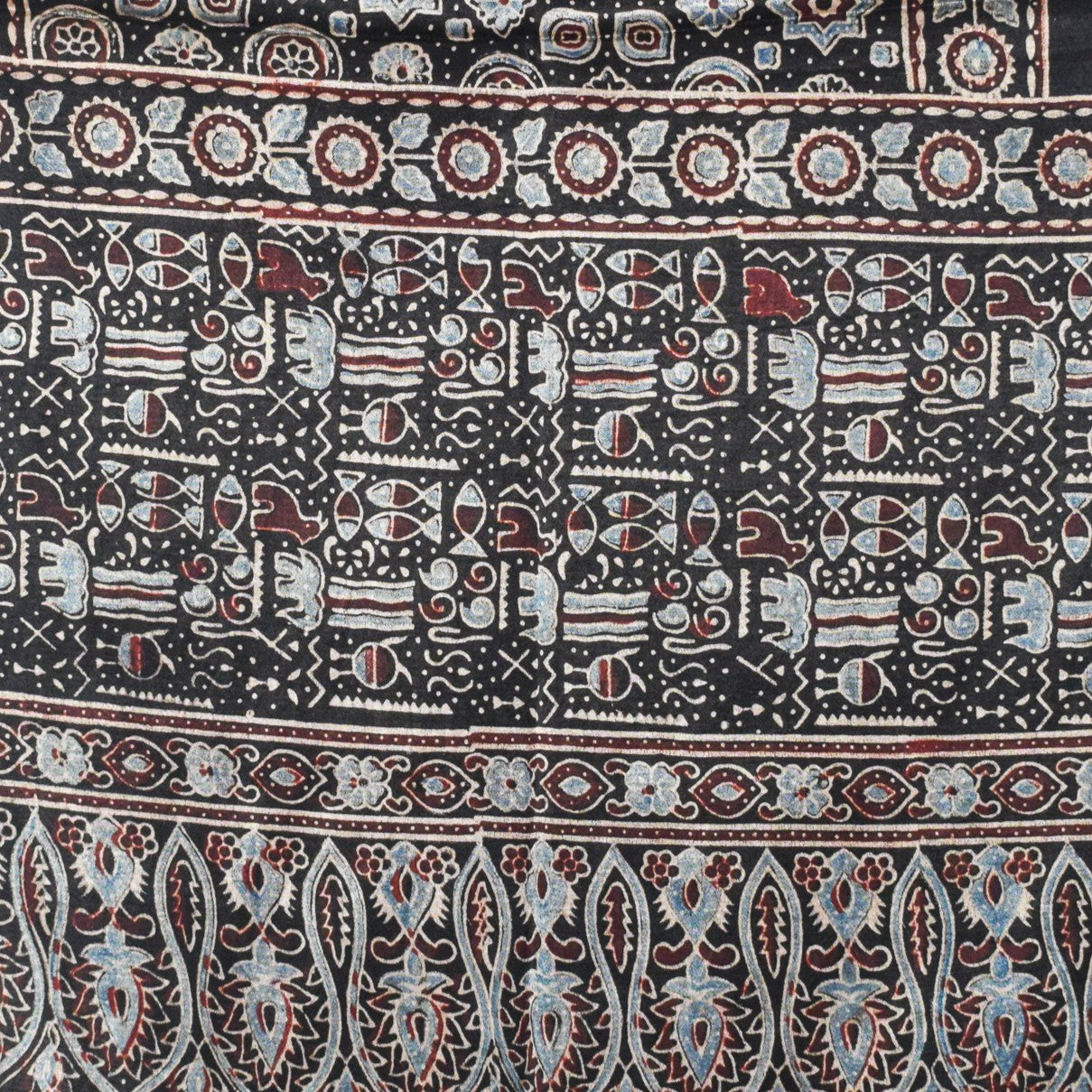 Ajrakh Mashru Silk Natural Dye Hand Block Print Stole With Tassels - 2 Mtr Length   -  SKU : AI07701M