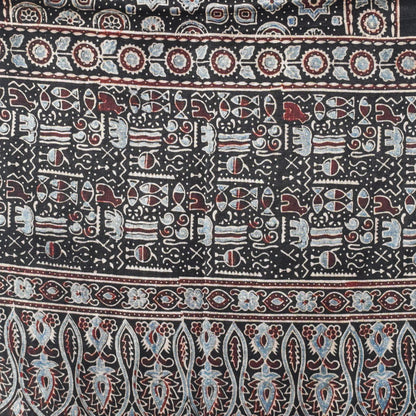 Ajrakh Mashru Silk Natural Dye Hand Block Print Stole With Tassels - 2 Mtr Length   -  SKU : AI07701M