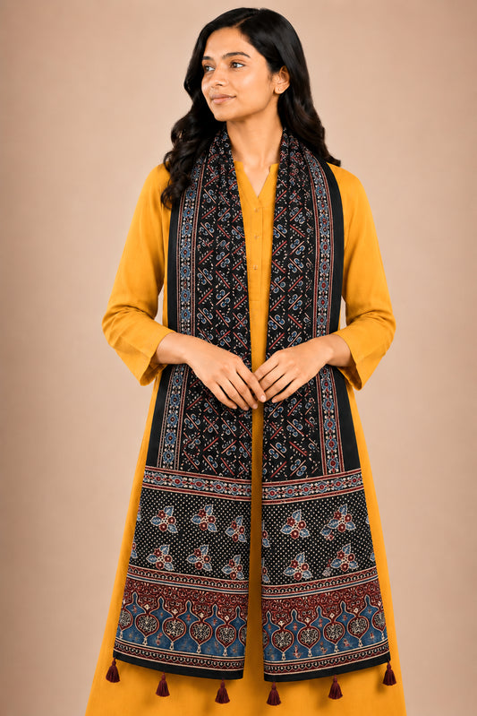 Ajrakh Mashru Silk Natural Dye Hand Block Print Stole With Tassels - 2 Mtr Length   -  SKU : AI07701M