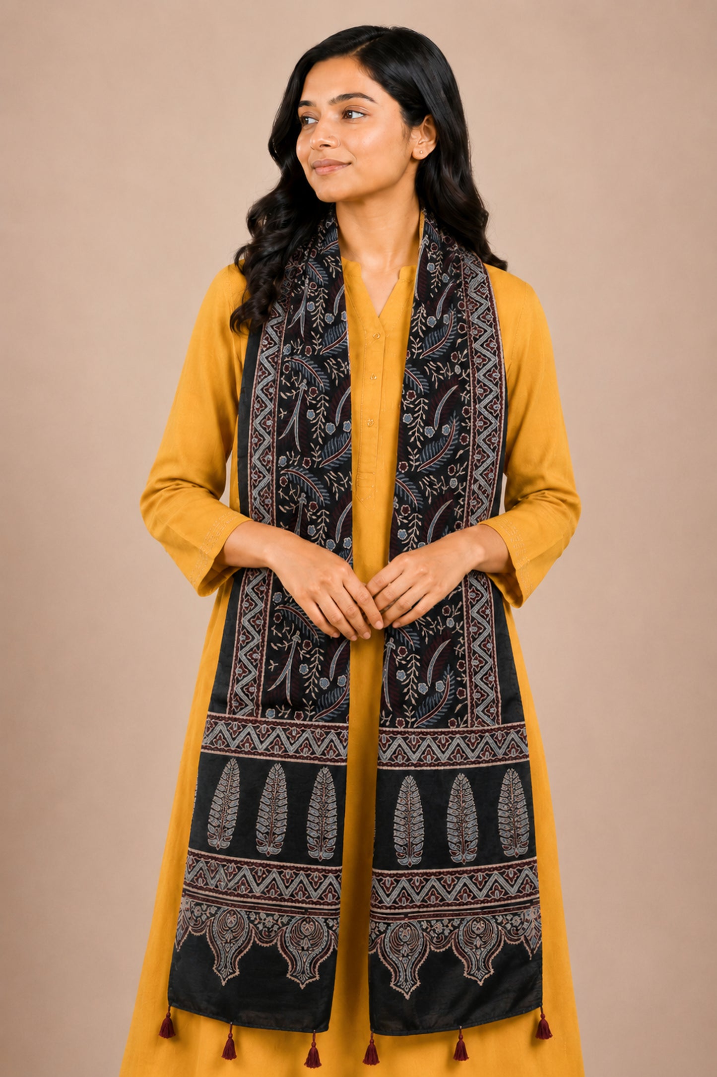 Ajrakh Mashru Silk Natural Dye Hand Block Print Stole With Tassels - 2 Mtr Length   -  SKU : AI07701S
