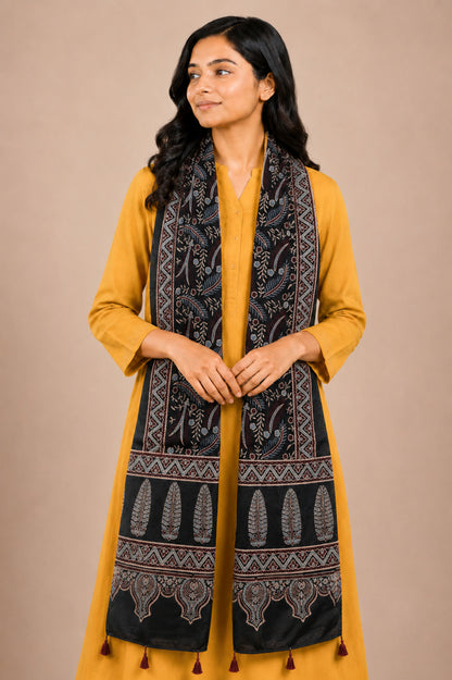 Ajrakh Mashru Silk Natural Dye Hand Block Print Stole With Tassels - 2 Mtr Length   -  SKU : AI07701S