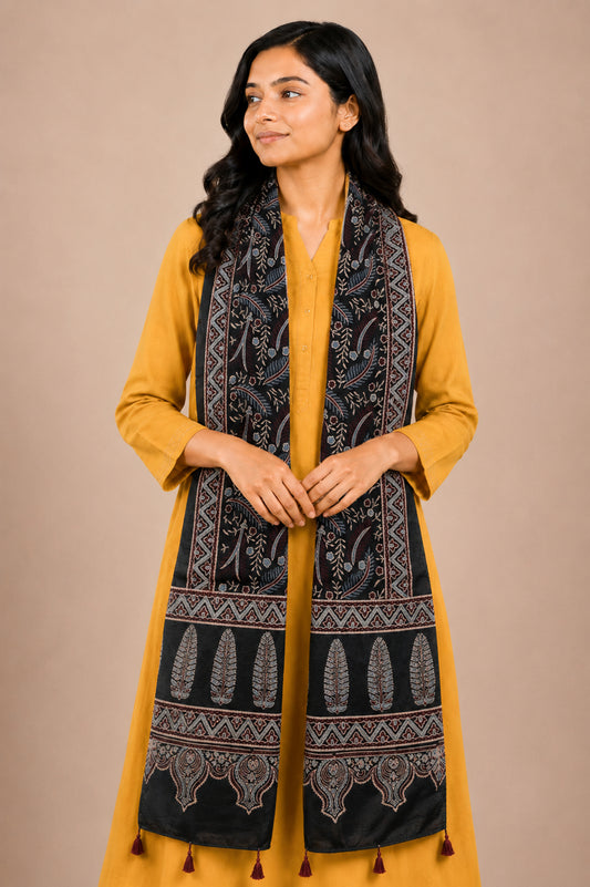 Ajrakh Mashru Silk Natural Dye Hand Block Print Stole With Tassels - 2 Mtr Length   -  SKU : AI07701S