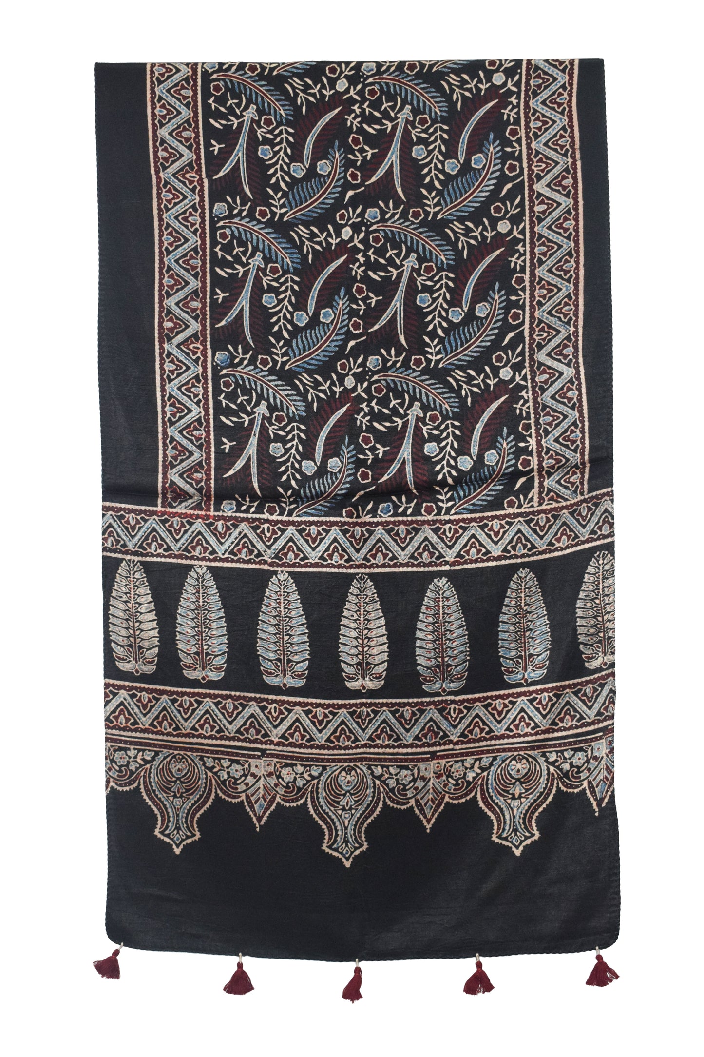 Ajrakh Mashru Silk Natural Dye Hand Block Print Stole With Tassels - 2 Mtr Length   -  SKU : AI07701S