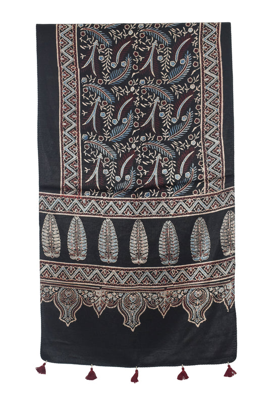 Ajrakh Mashru Silk Natural Dye Hand Block Print Stole With Tassels - 2 Mtr Length   -  SKU : AI07701S