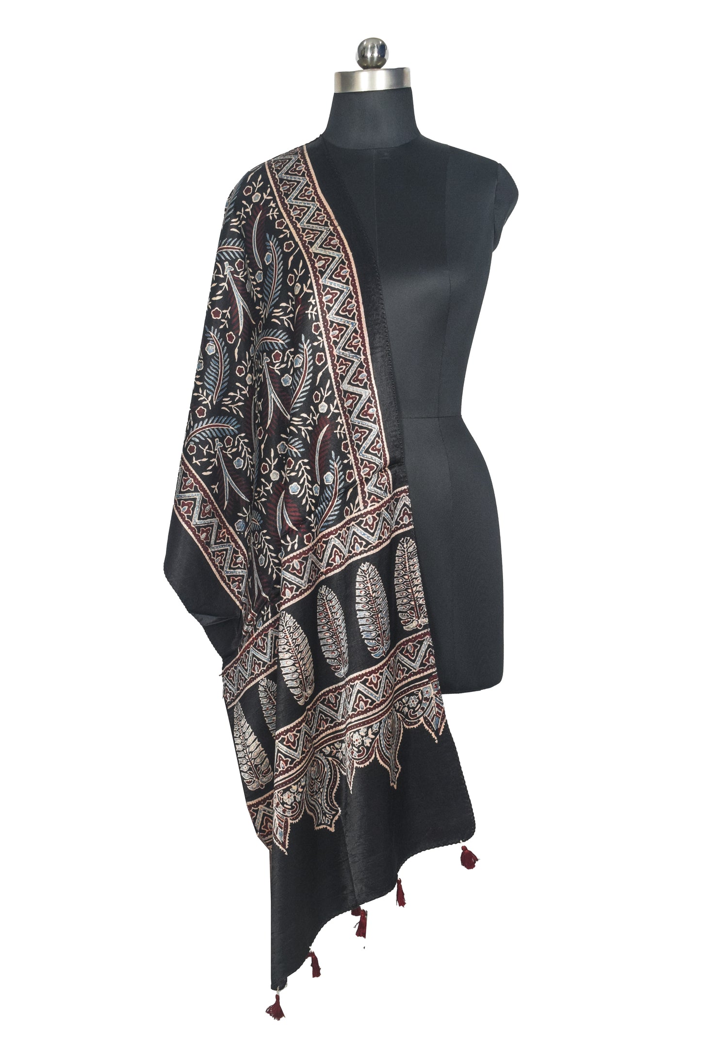 Ajrakh Mashru Silk Natural Dye Hand Block Print Stole With Tassels - 2 Mtr Length   -  SKU : AI07701S