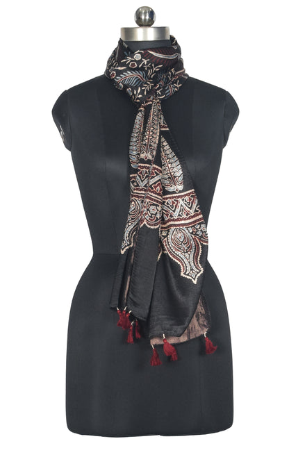 Ajrakh Mashru Silk Natural Dye Hand Block Print Stole With Tassels - 2 Mtr Length   -  SKU : AI07701S