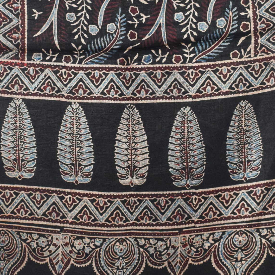 Ajrakh Mashru Silk Natural Dye Hand Block Print Stole With Tassels - 2 Mtr Length   -  SKU : AI07701S