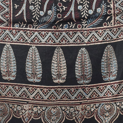 Ajrakh Mashru Silk Natural Dye Hand Block Print Stole With Tassels - 2 Mtr Length   -  SKU : AI07701S