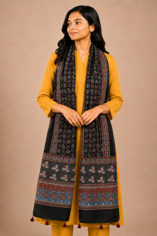 Ajrakh Mashru Silk Natural Dye Hand Block Print Stole With Tassels - 2 Mtr Length   -  SKU : AI07701Y