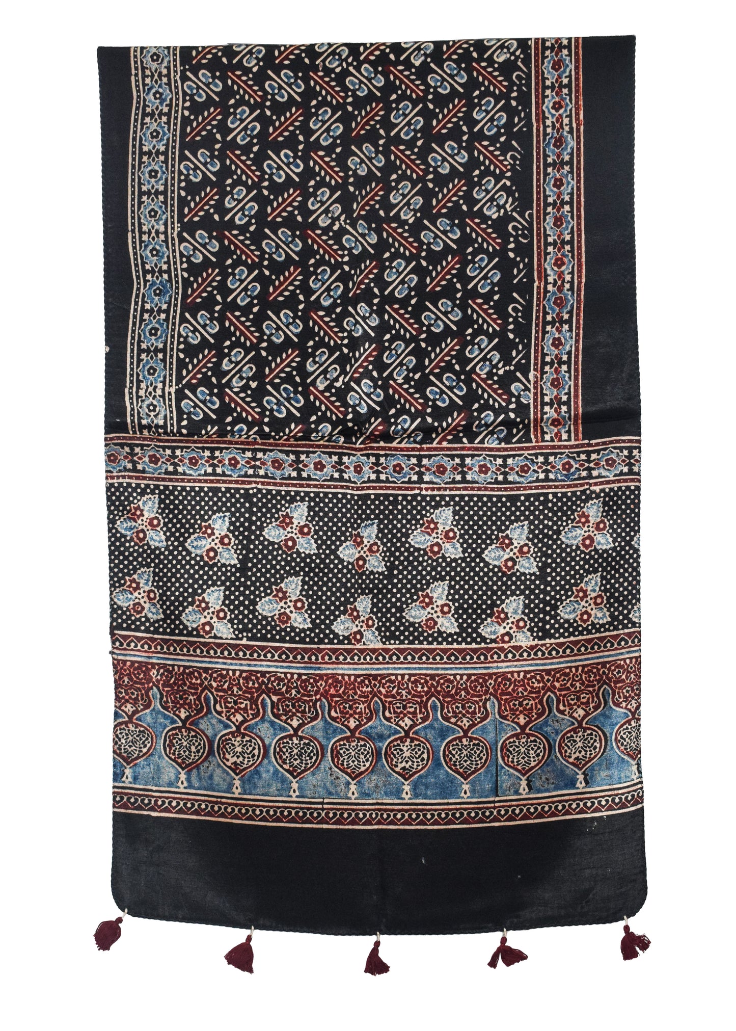 Ajrakh Mashru Silk Natural Dye Hand Block Print Stole With Tassels - 2 Mtr Length   -  SKU : AI07701Y