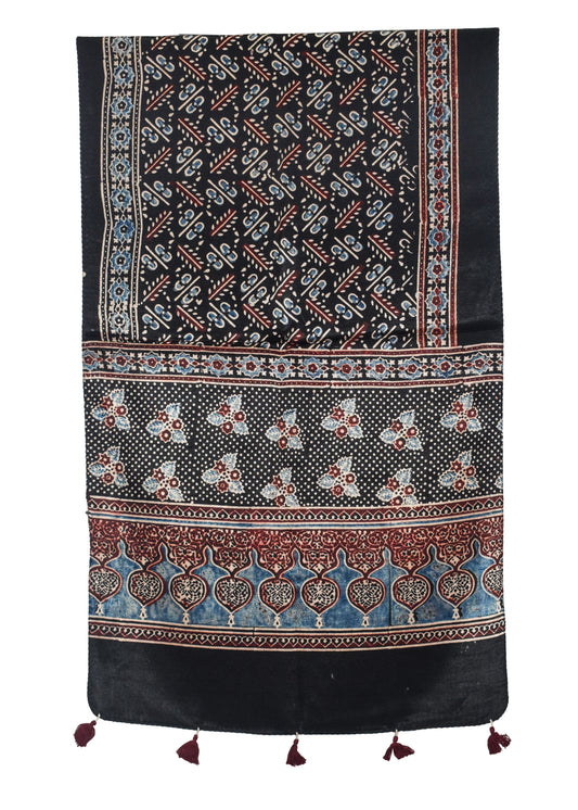 Ajrakh Mashru Silk Natural Dye Hand Block Print Stole With Tassels - 2 Mtr Length   -  SKU : AI07701Y