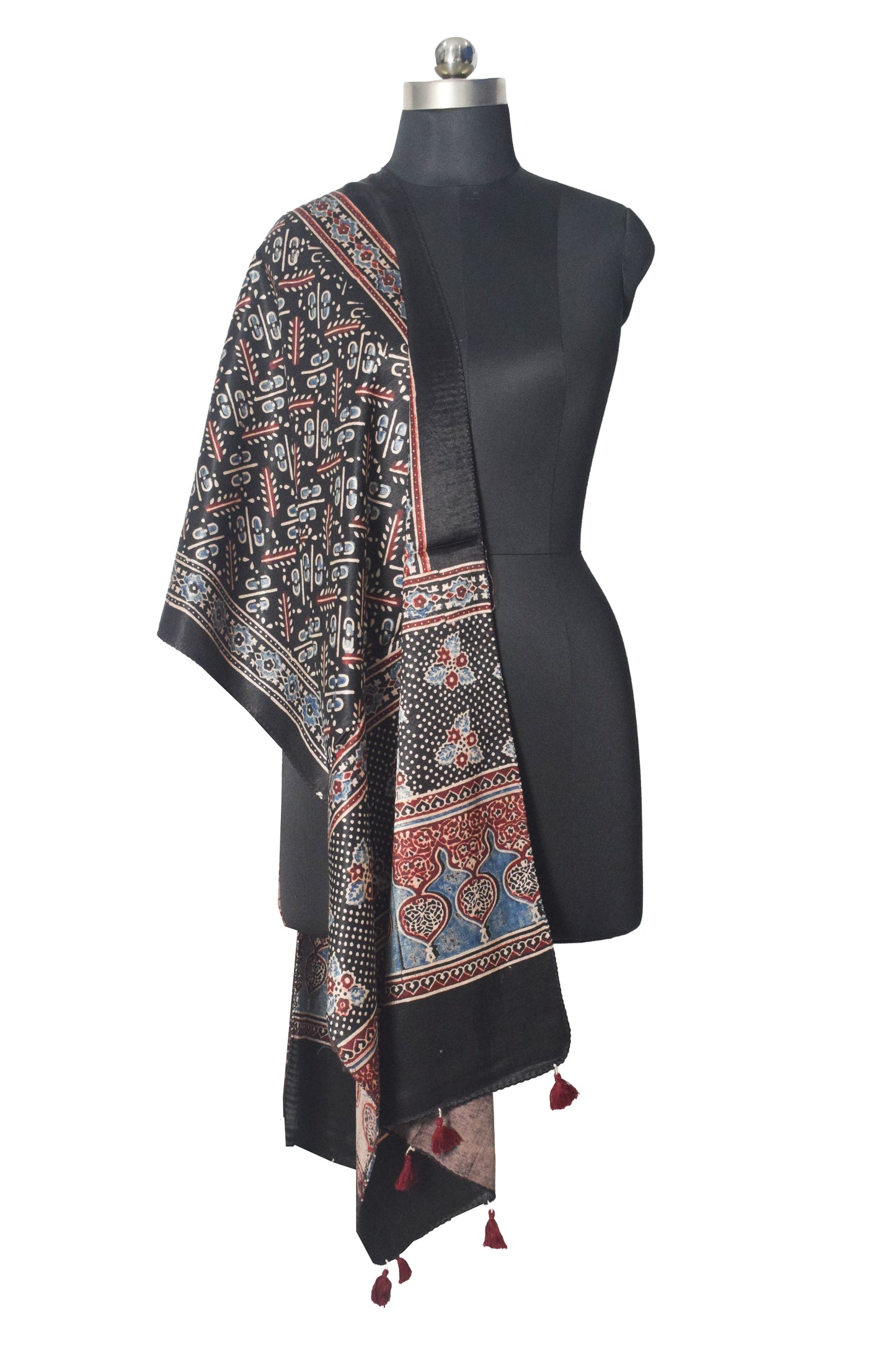 Ajrakh Mashru Silk Natural Dye Hand Block Print Stole With Tassels - 2 Mtr Length   -  SKU : AI07701Y