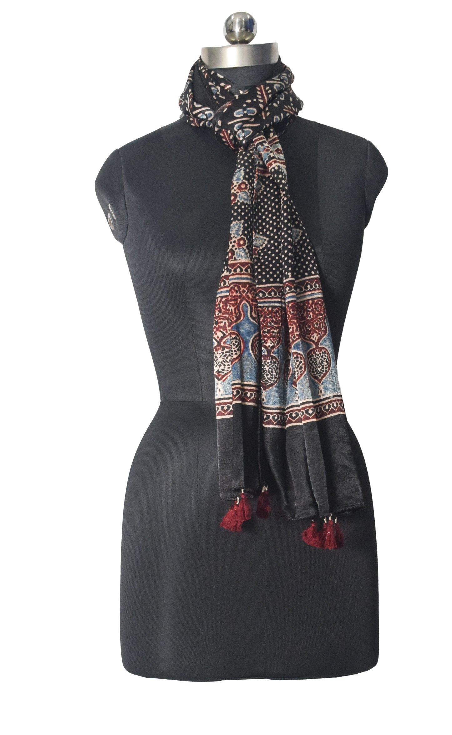 Ajrakh Mashru Silk Natural Dye Hand Block Print Stole With Tassels - 2 Mtr Length   -  SKU : AI07701Y