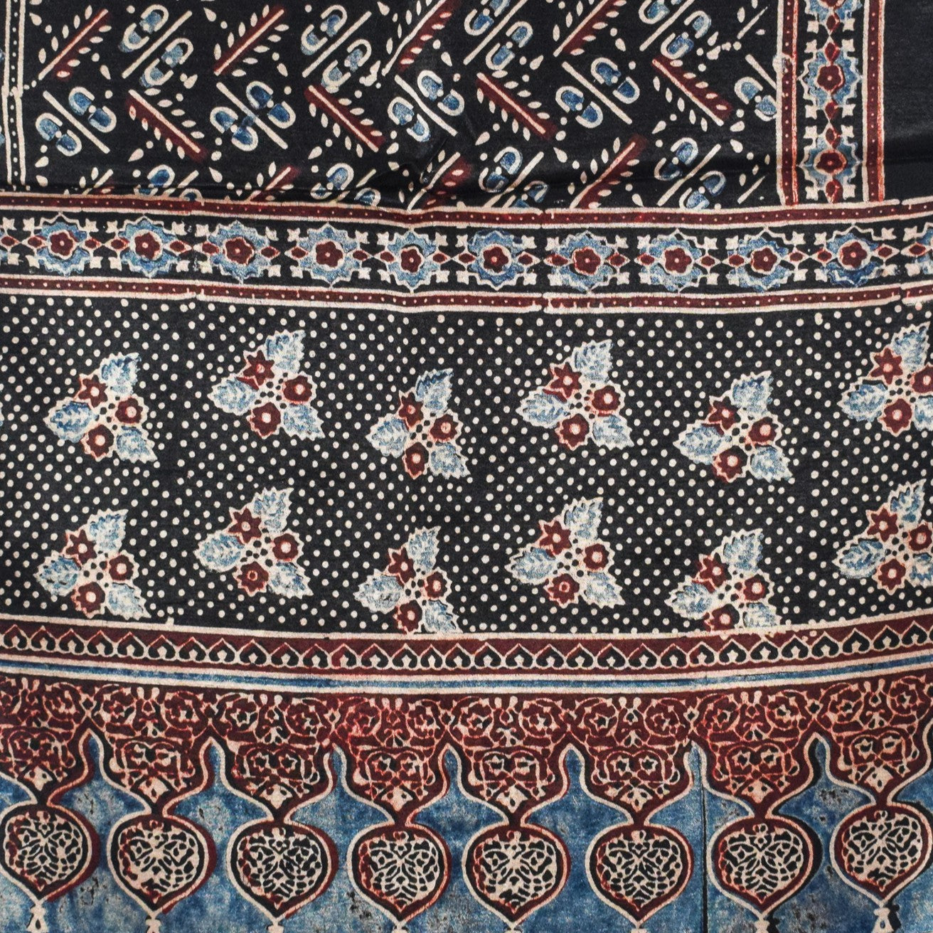 Ajrakh Mashru Silk Natural Dye Hand Block Print Stole With Tassels - 2 Mtr Length   -  SKU : AI07701Y