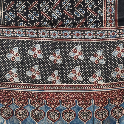 Ajrakh Mashru Silk Natural Dye Hand Block Print Stole With Tassels - 2 Mtr Length   -  SKU : AI07701Y