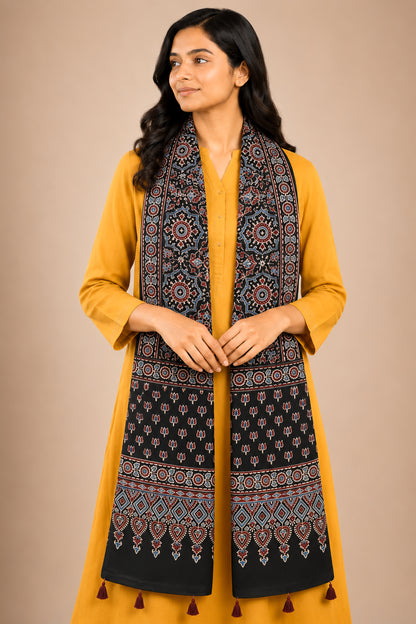 Ajrakh Mashru Silk Natural Dye Hand Block Print Stole With Tassels - 2 Mtr Length   -  SKU : AI0770AE