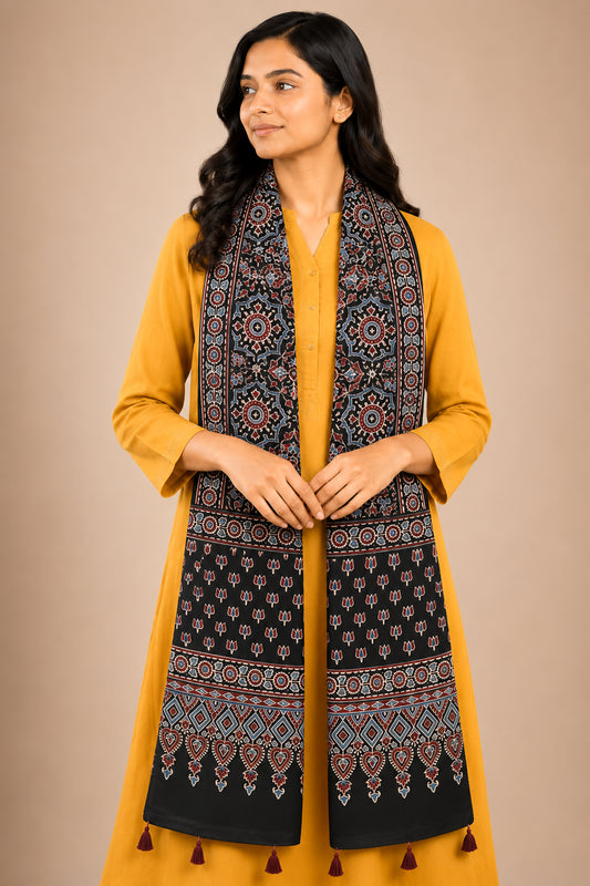 Ajrakh Mashru Silk Natural Dye Hand Block Print Stole With Tassels - 2 Mtr Length   -  SKU : AI0770AE