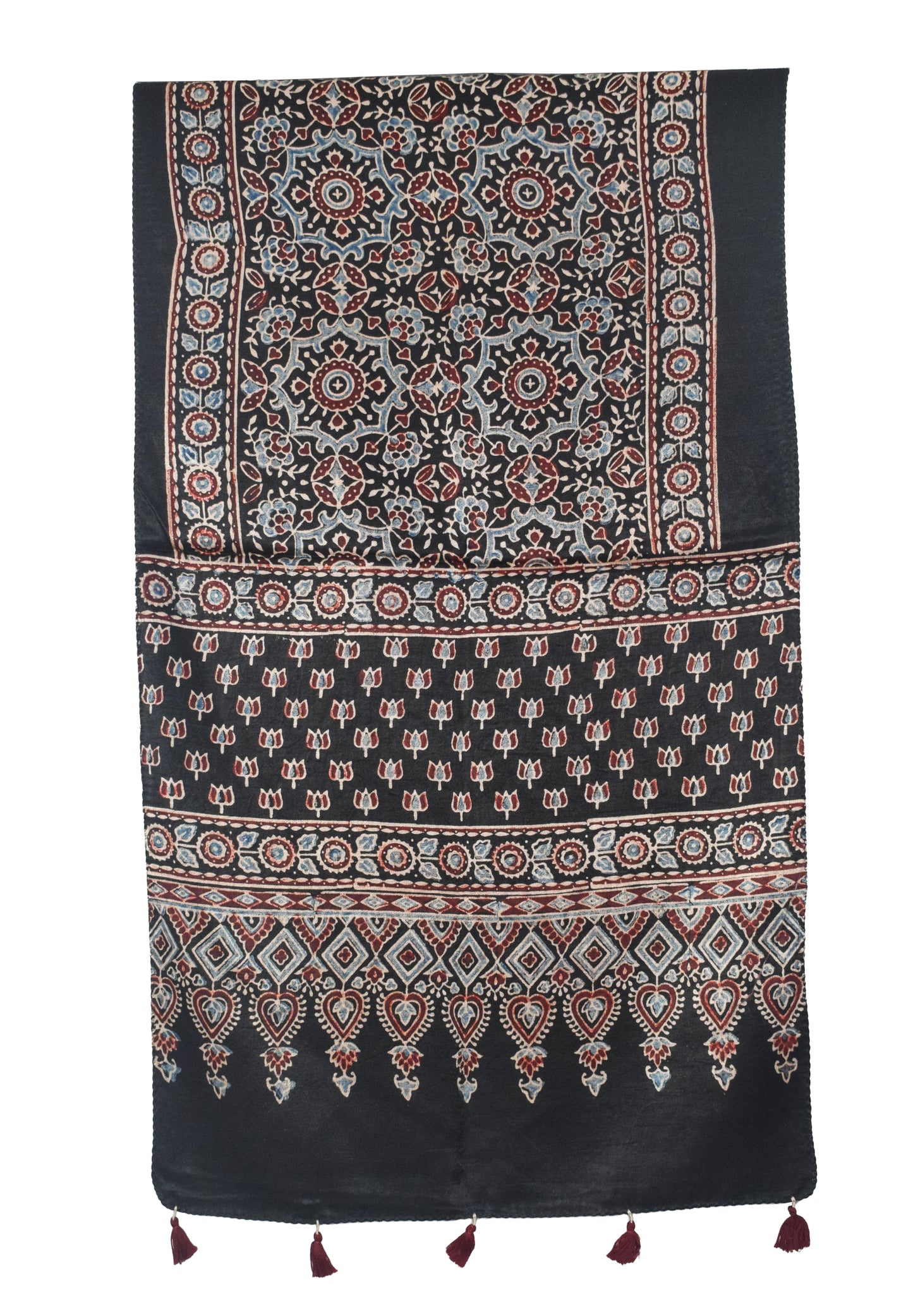 Ajrakh Mashru Silk Natural Dye Hand Block Print Stole With Tassels - 2 Mtr Length   -  SKU : AI0770AE