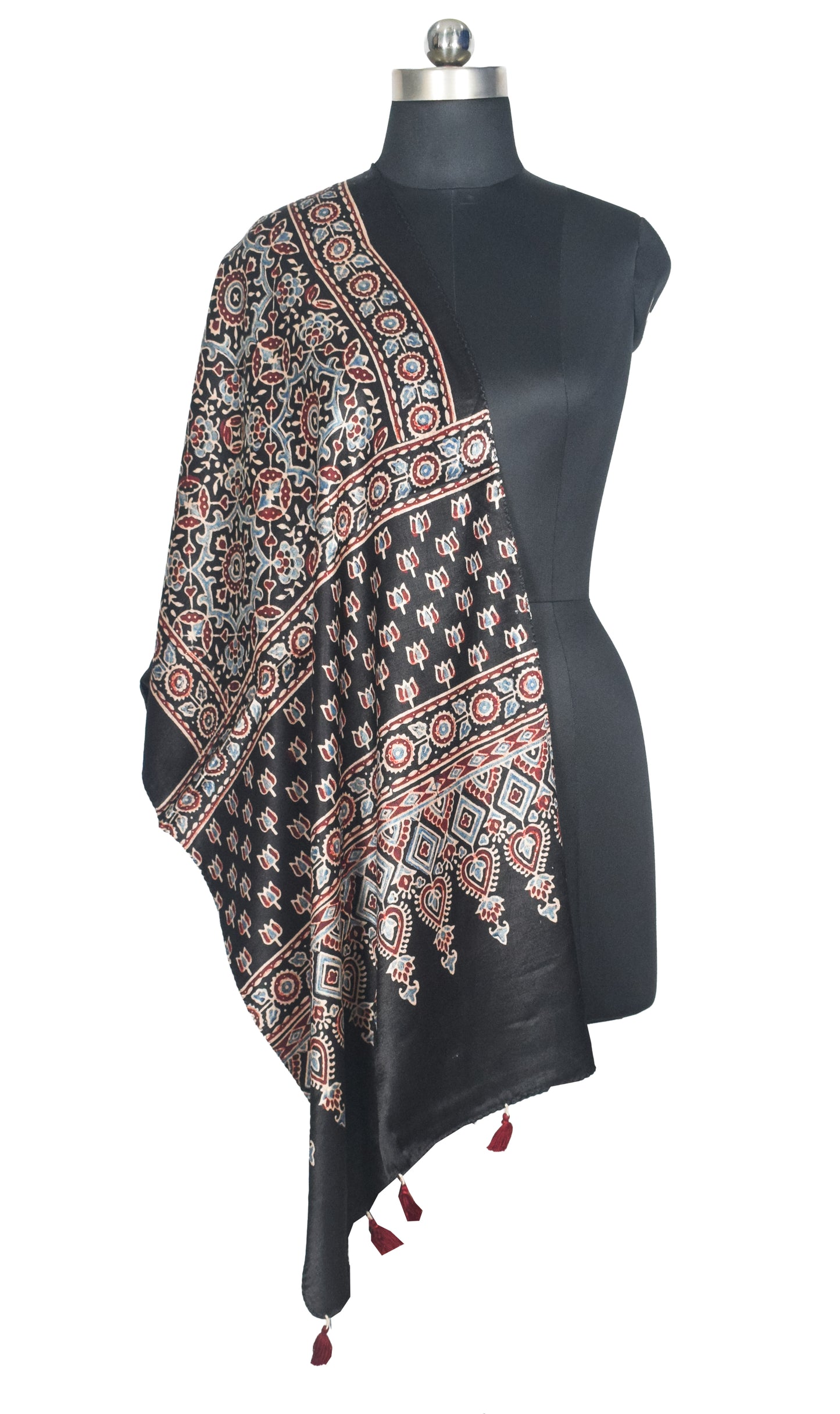 Ajrakh Mashru Silk Natural Dye Hand Block Print Stole With Tassels - 2 Mtr Length   -  SKU : AI0770AE