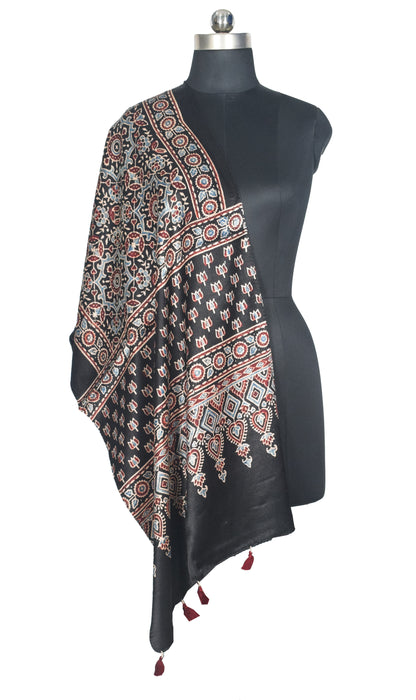 Ajrakh Mashru Silk Natural Dye Hand Block Print Stole With Tassels - 2 Mtr Length   -  SKU : AI0770AE