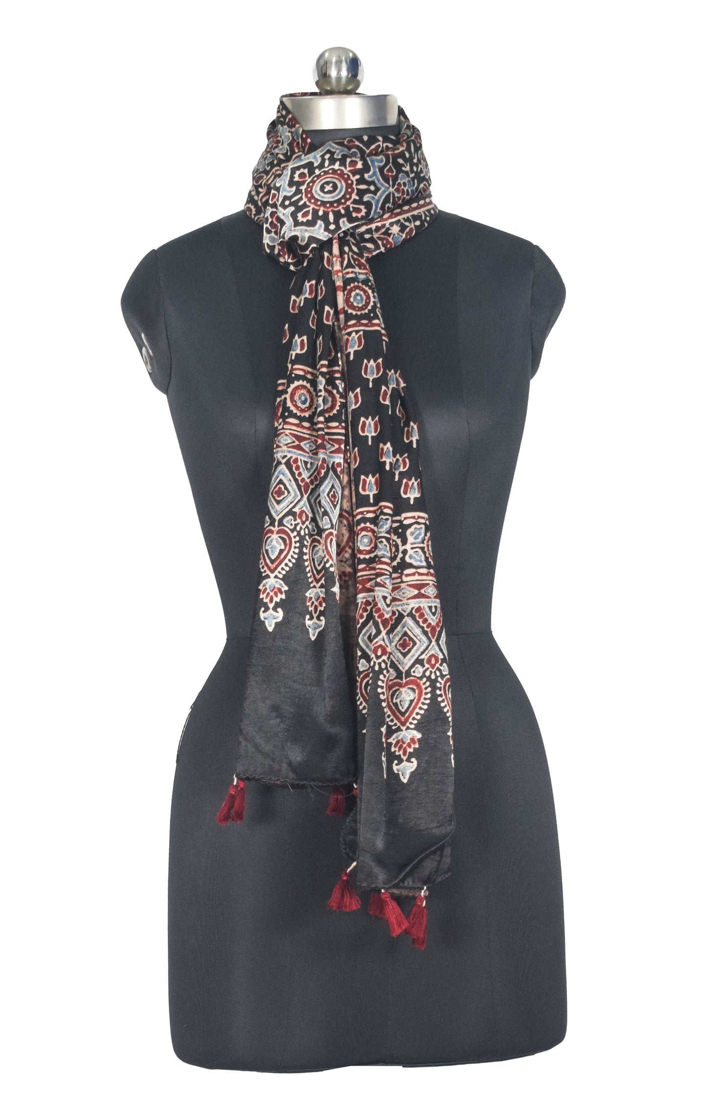 Ajrakh Mashru Silk Natural Dye Hand Block Print Stole With Tassels - 2 Mtr Length   -  SKU : AI0770AE
