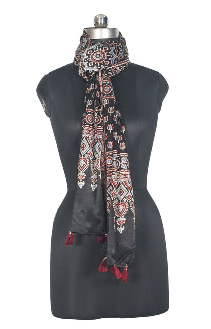 Ajrakh Mashru Silk Natural Dye Hand Block Print Stole With Tassels - 2 Mtr Length   -  SKU : AI0770AE