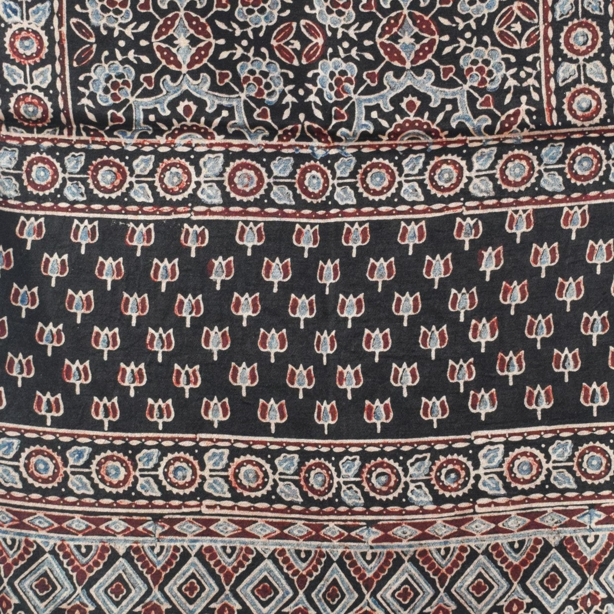 Ajrakh Mashru Silk Natural Dye Hand Block Print Stole With Tassels - 2 Mtr Length   -  SKU : AI0770AE