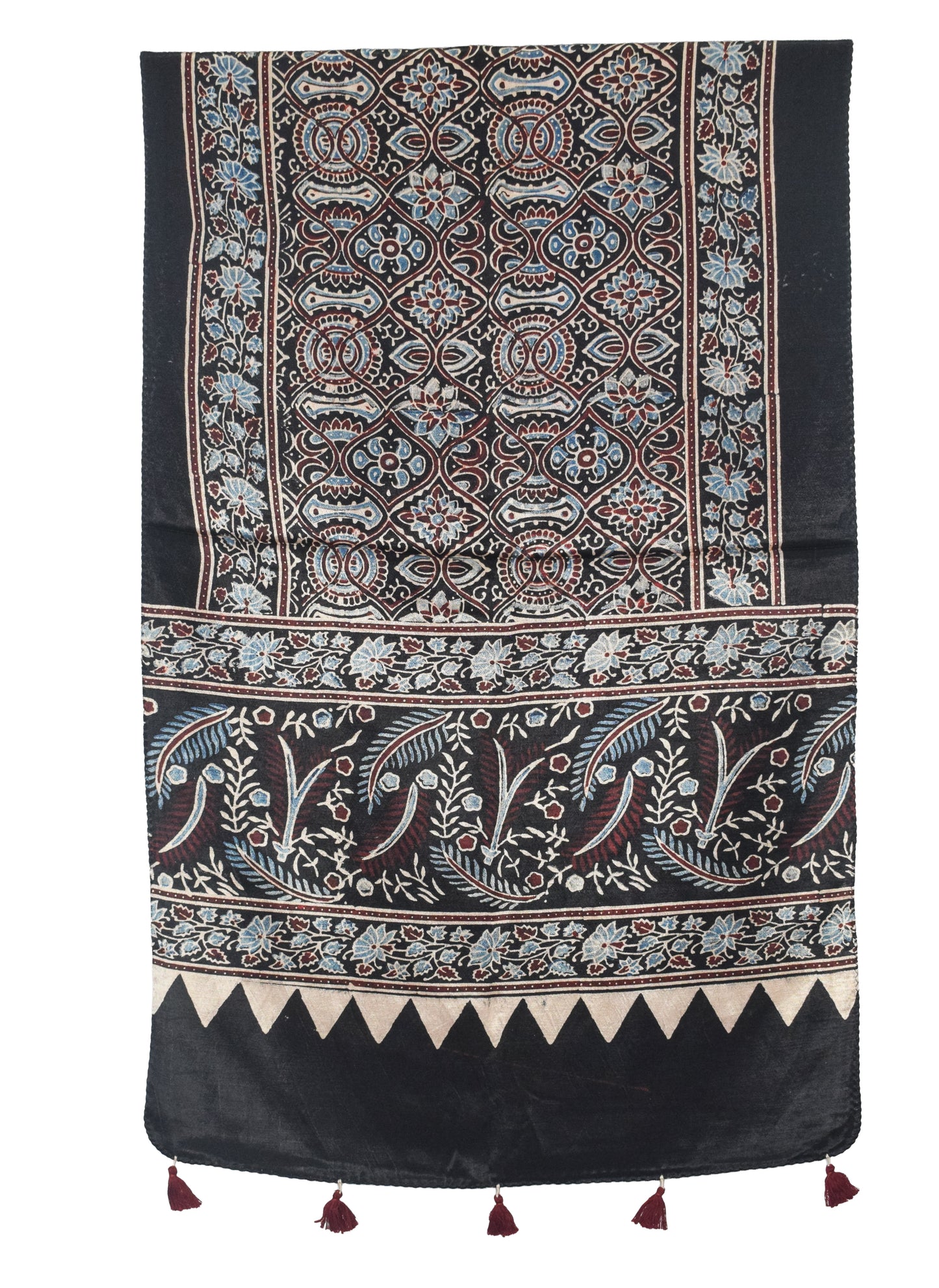 Ajrakh Mashru Silk Natural Dye Hand Block Print Stole With Tassels - 2 Mtr Length   -  SKU : AI0770AK
