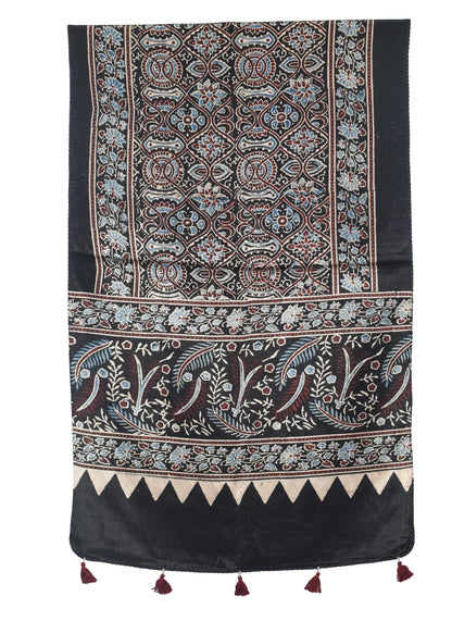 Ajrakh Mashru Silk Natural Dye Hand Block Print Stole With Tassels - 2 Mtr Length   -  SKU : AI0770AK