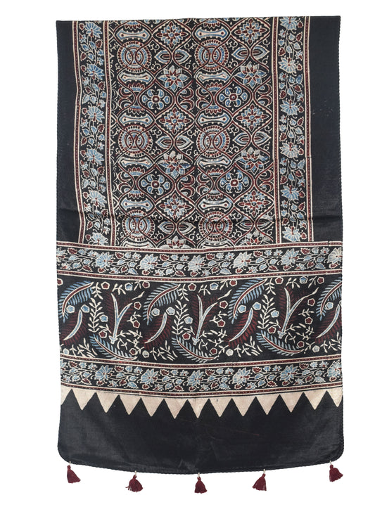 Ajrakh Mashru Silk Natural Dye Hand Block Print Stole With Tassels - 2 Mtr Length   -  SKU : AI0770AK