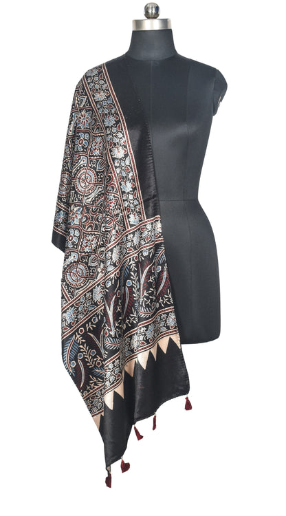 Ajrakh Mashru Silk Natural Dye Hand Block Print Stole With Tassels - 2 Mtr Length   -  SKU : AI0770AK