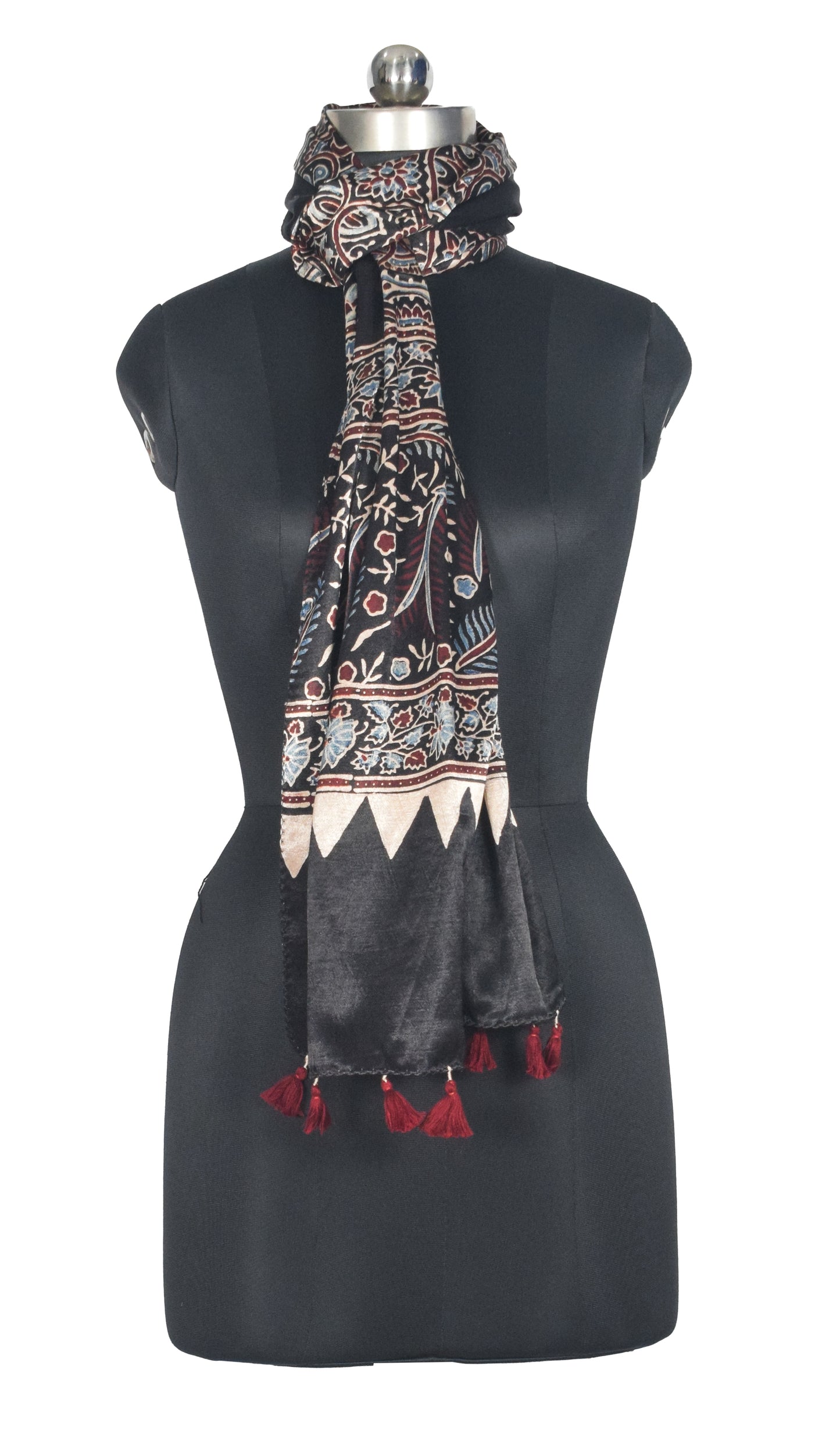 Ajrakh Mashru Silk Natural Dye Hand Block Print Stole With Tassels - 2 Mtr Length   -  SKU : AI0770AK