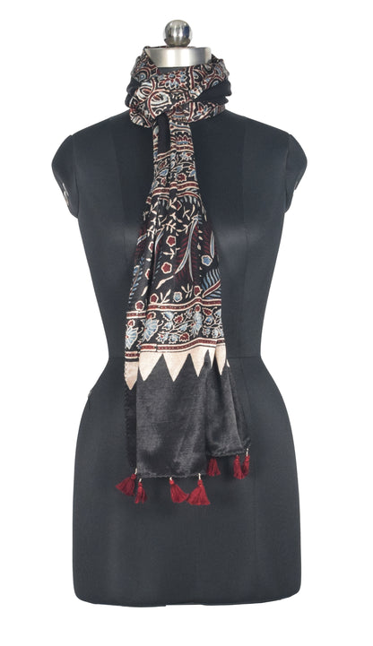 Ajrakh Mashru Silk Natural Dye Hand Block Print Stole With Tassels - 2 Mtr Length   -  SKU : AI0770AK