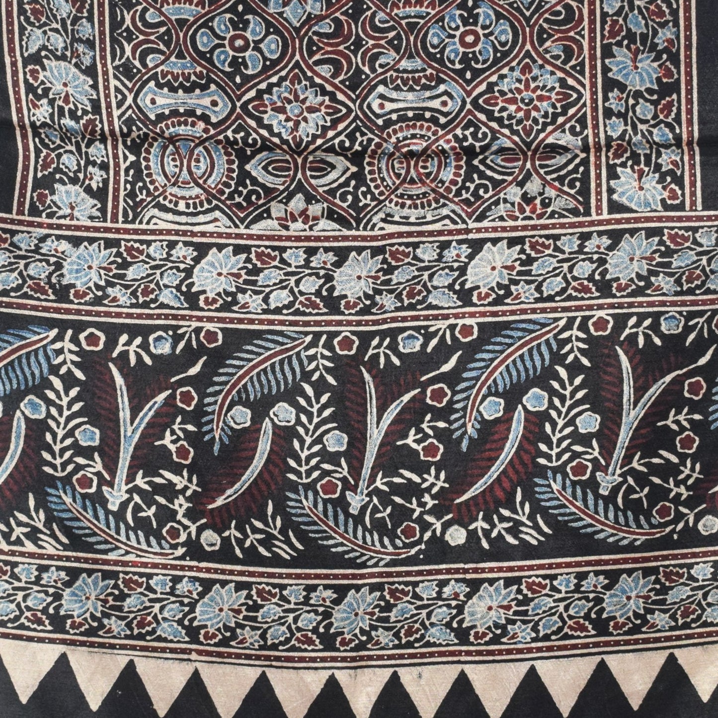 Ajrakh Mashru Silk Natural Dye Hand Block Print Stole With Tassels - 2 Mtr Length   -  SKU : AI0770AK
