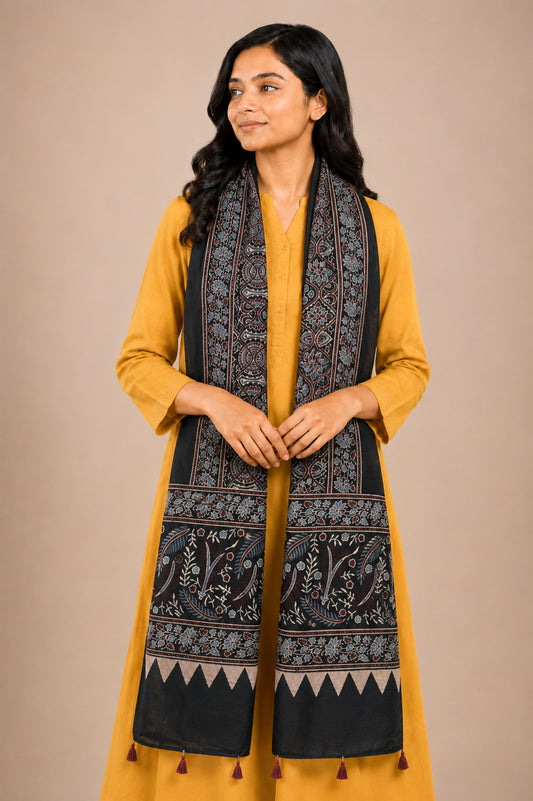 Ajrakh Mashru Silk Natural Dye Hand Block Print Stole With Tassels - 2 Mtr Length   -  SKU : AI0770AK