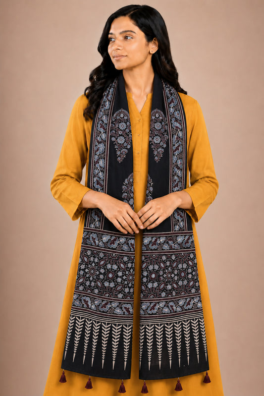 Ajrakh Mashru Silk Natural Dye Hand Block Print Stole With Tassels - 2 Mtr Length   -  SKU : AI0770AQ