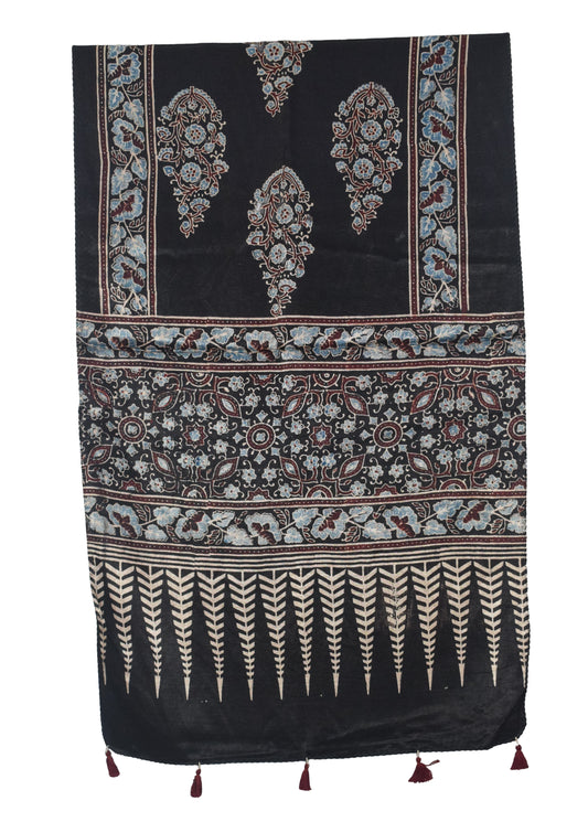 Ajrakh Mashru Silk Natural Dye Hand Block Print Stole With Tassels - 2 Mtr Length   -  SKU : AI0770AQ