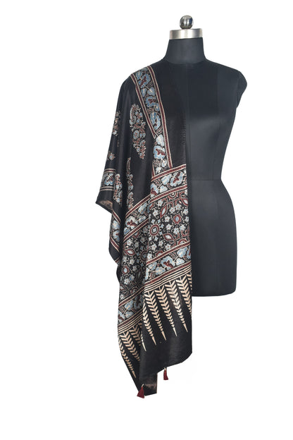 Ajrakh Mashru Silk Natural Dye Hand Block Print Stole With Tassels - 2 Mtr Length   -  SKU : AI0770AQ