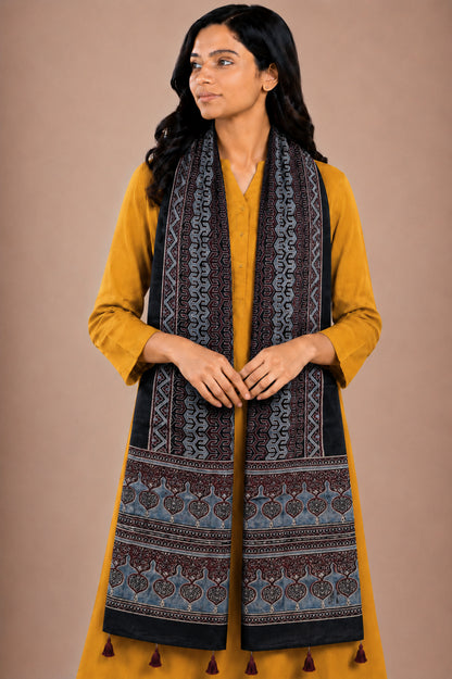 Ajrakh Mashru Silk Natural Dye Hand Block Print Stole With Tassels - 2 Mtr Length   -  SKU : AI0770AW
