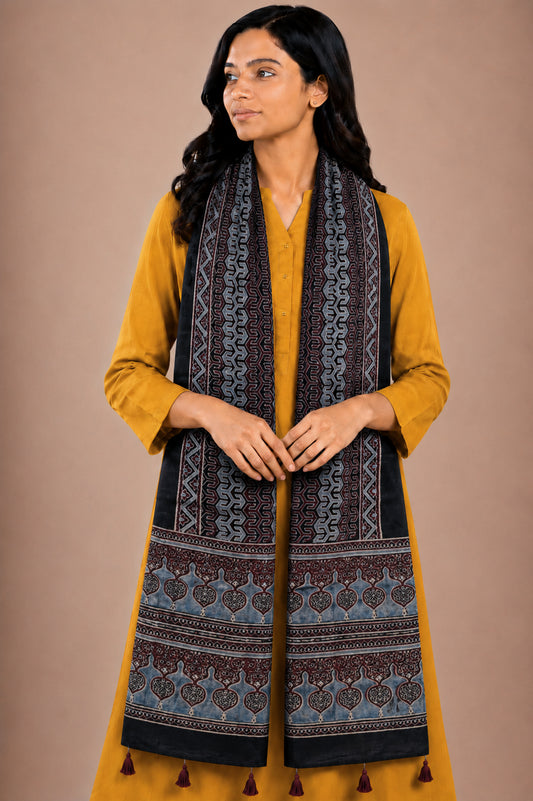 Ajrakh Mashru Silk Natural Dye Hand Block Print Stole With Tassels - 2 Mtr Length   -  SKU : AI0770AW