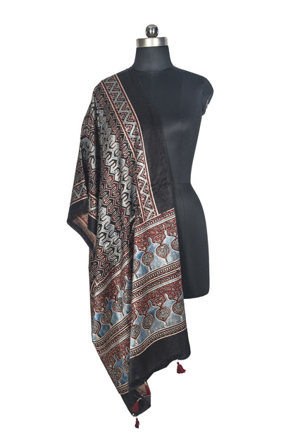 Ajrakh Mashru Silk Natural Dye Hand Block Print Stole With Tassels - 2 Mtr Length   -  SKU : AI0770AW