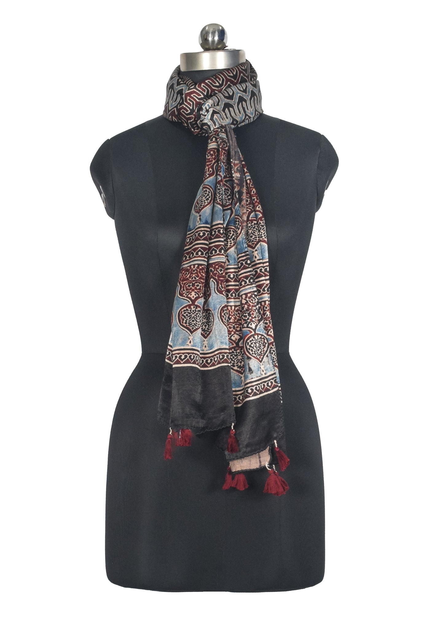 Ajrakh Mashru Silk Natural Dye Hand Block Print Stole With Tassels - 2 Mtr Length   -  SKU : AI0770AW