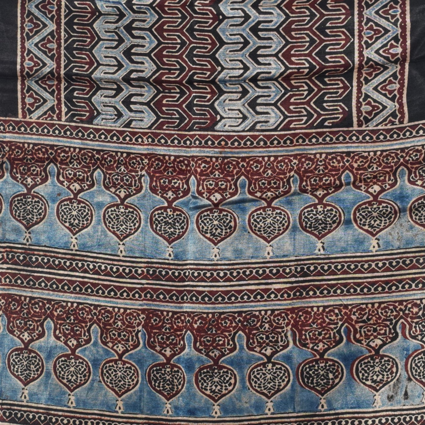 Ajrakh Mashru Silk Natural Dye Hand Block Print Stole With Tassels - 2 Mtr Length   -  SKU : AI0770AW