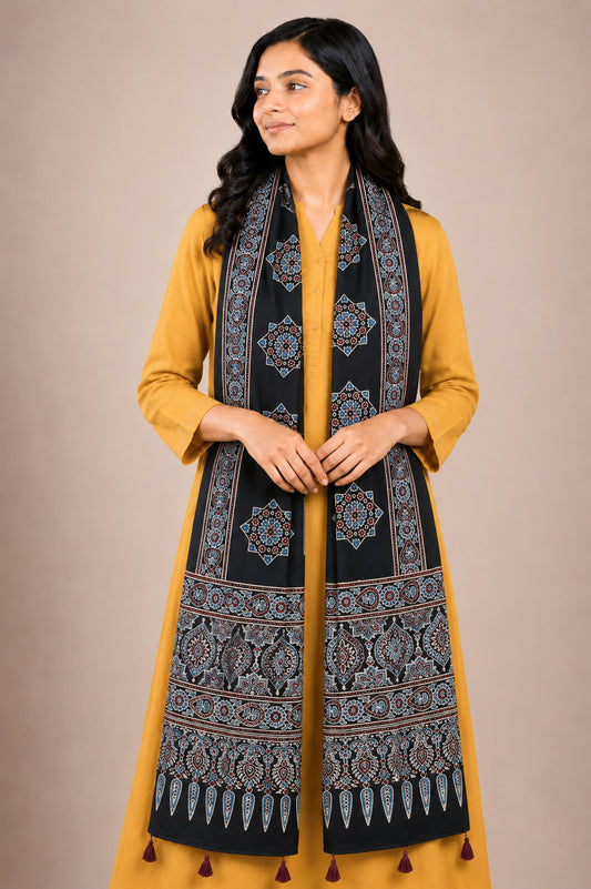 Ajrakh Mashru Silk Natural Dye Hand Block Print Stole With Tassels - 2 Mtr Length   -  SKU : AI0770BA