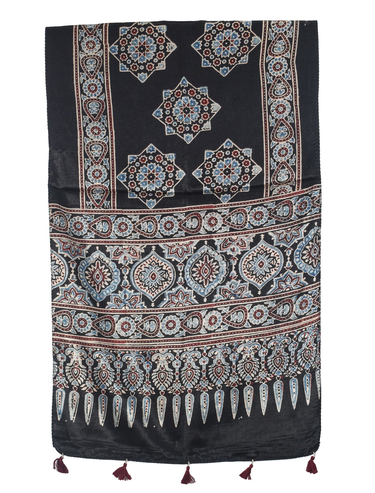 Ajrakh Mashru Silk Natural Dye Hand Block Print Stole With Tassels - 2 Mtr Length   -  SKU : AI0770BA