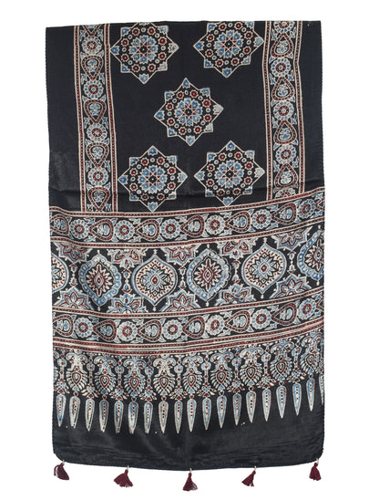 Ajrakh Mashru Silk Natural Dye Hand Block Print Stole With Tassels - 2 Mtr Length   -  SKU : AI0770BA